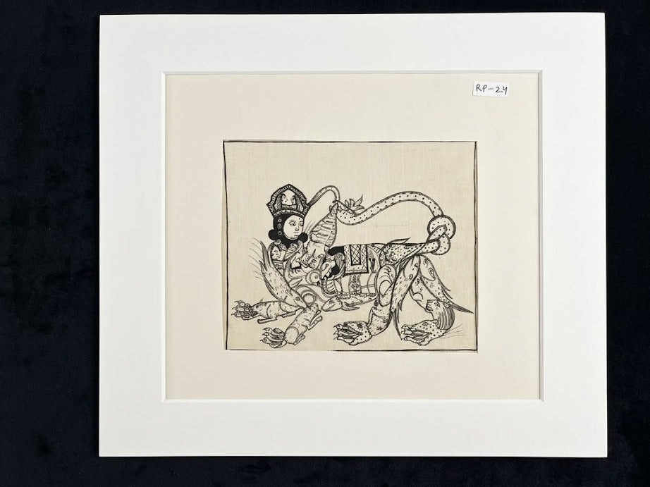 Vintage Indian Mythological Line Art – Deity with Composite Creature (Folk / Kalamkari Style) ( R P . 24 )