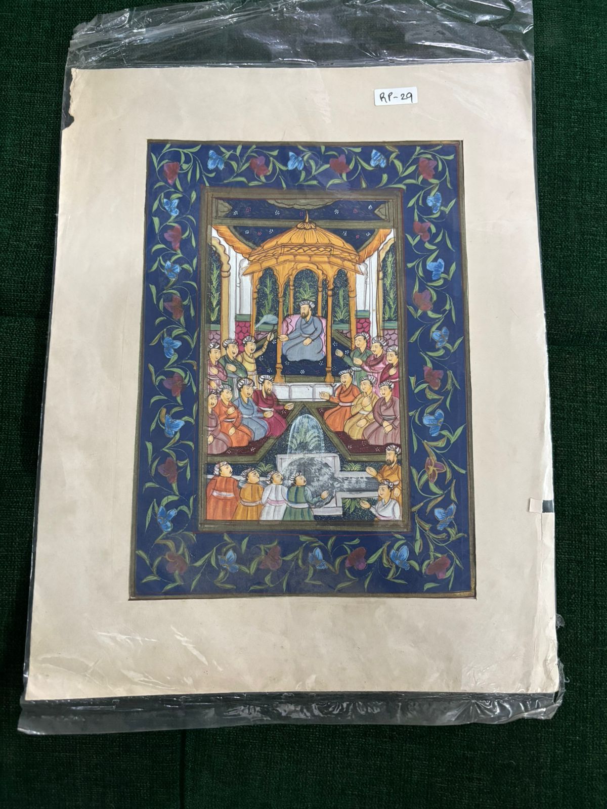 Mughal Royal Court Garden Miniature Painting with Floral Border ( R P . 29 )