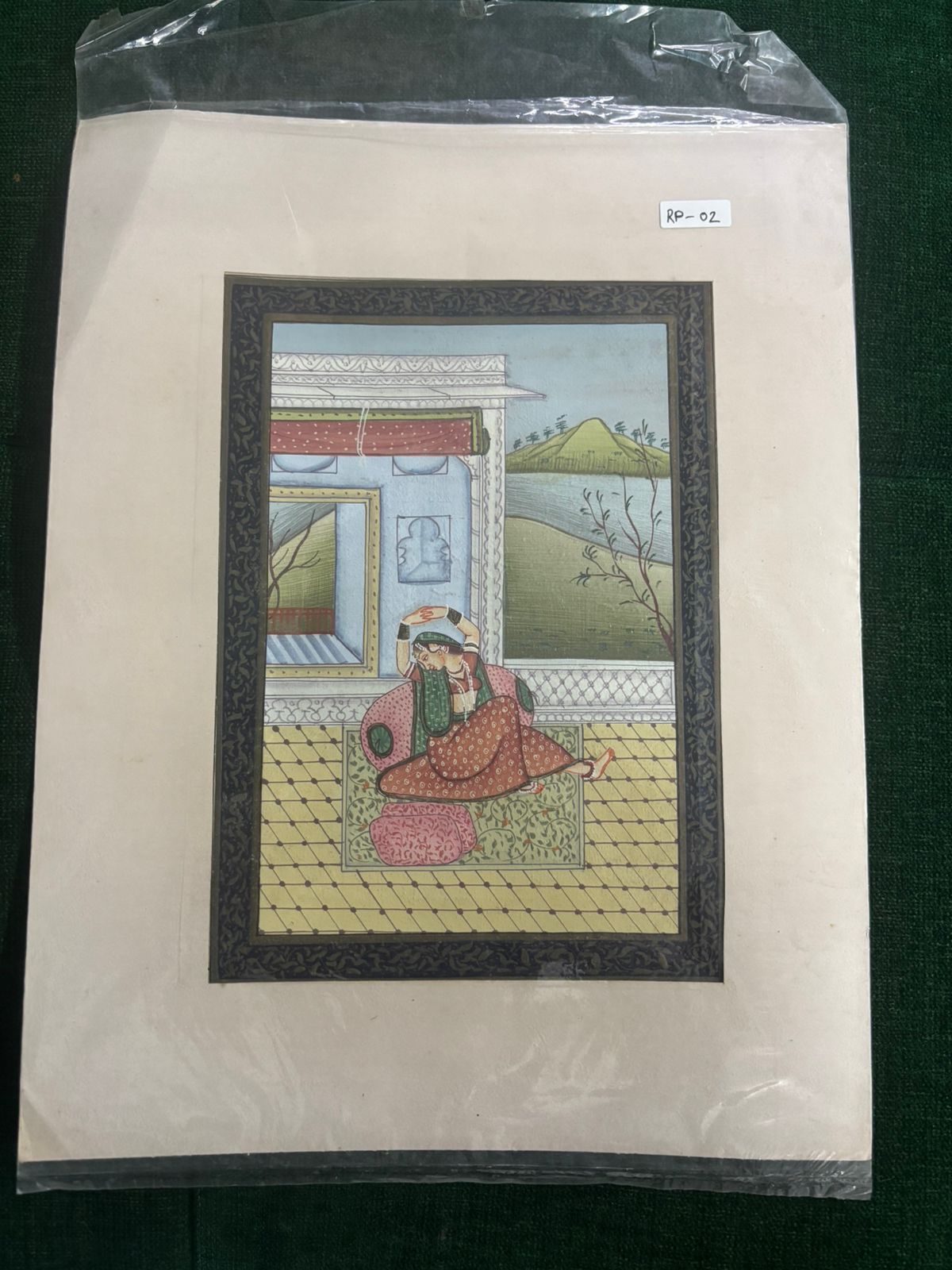 Vintage Indian Miniature Painting – Woman in Palace Interior Scene (Rajasthani Style) ( R P . 02 )