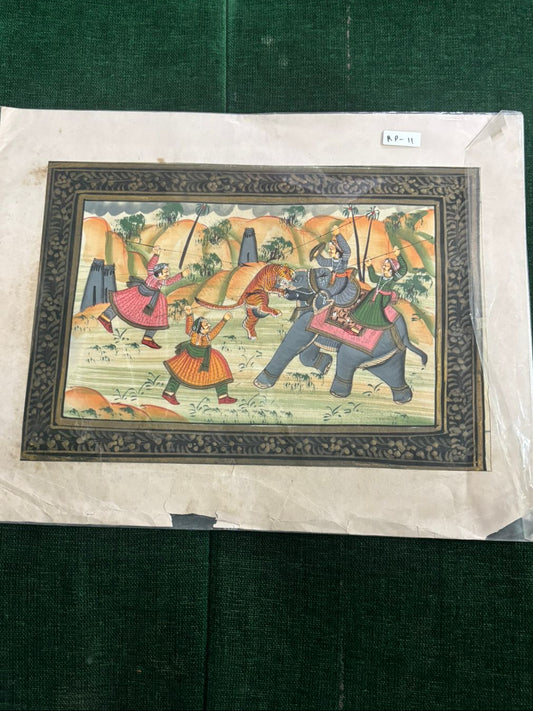 Vintage Indian Miniature Painting – Royal Tiger Hunt with Elephant ( R P . 11 )