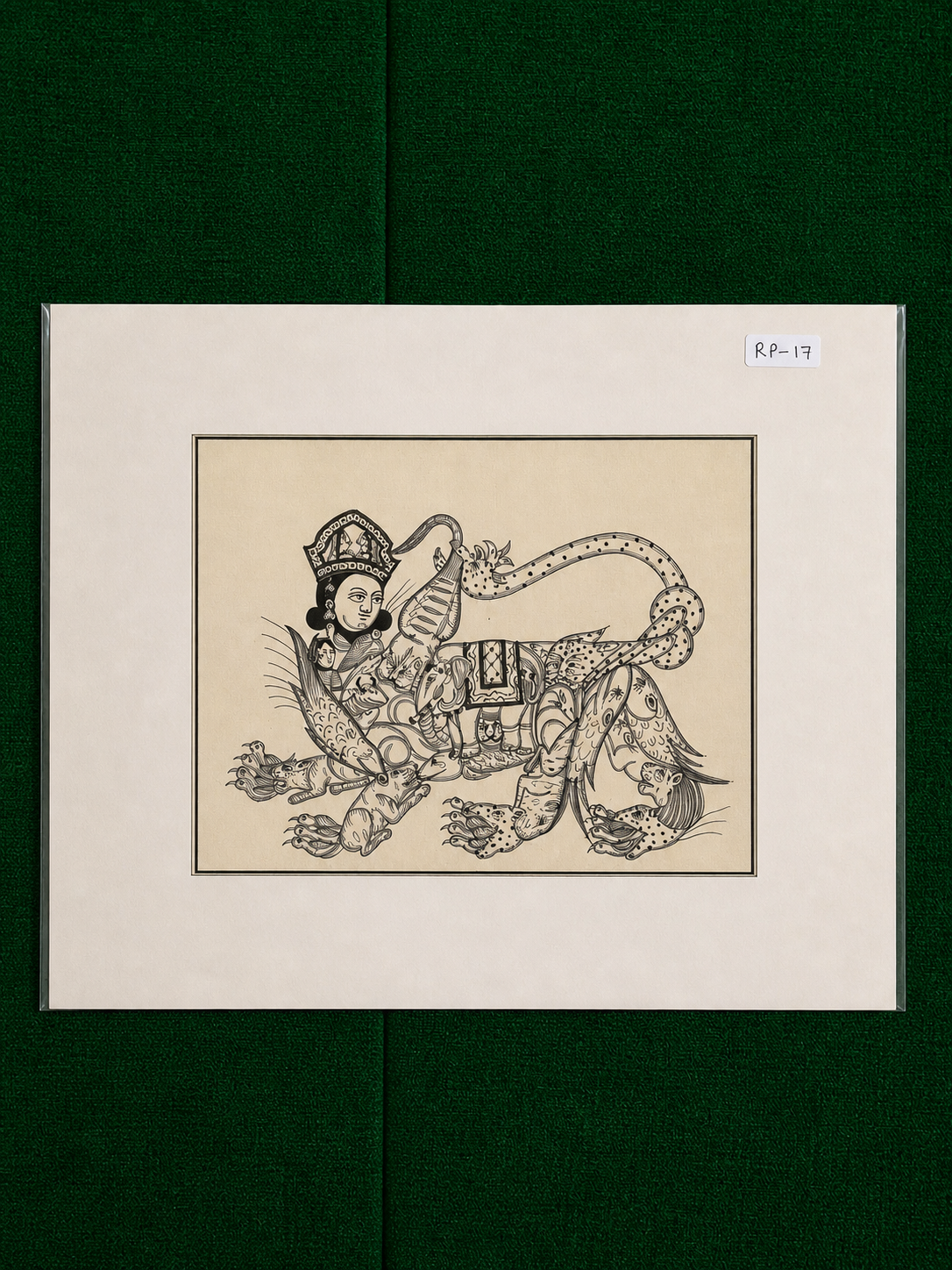 Vintage Indian Mythological Line Art – Deity on Mythical Creature (Folk / Kalamkari Style) ( R P . 17 )