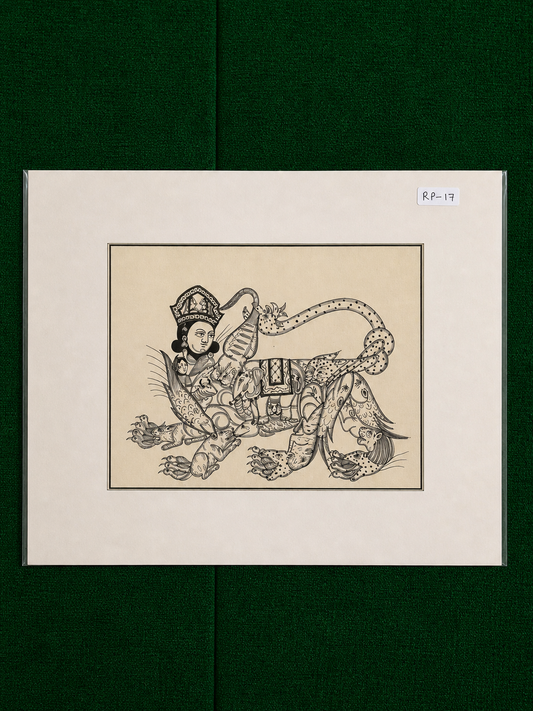 Vintage Indian Mythological Line Art – Deity on Mythical Creature (Folk / Kalamkari Style) ( R P . 17 )