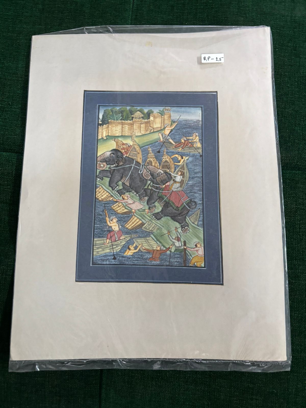 Vintage Indian Miniature Painting – Elephant River Crossing Scene ( R P . 25 )