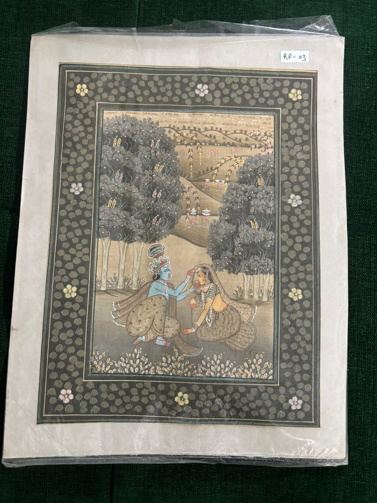 Krishna & Radha Garden Scene – Vintage Indian Miniature Painting (Romantic Theme) ( R P . 03 )