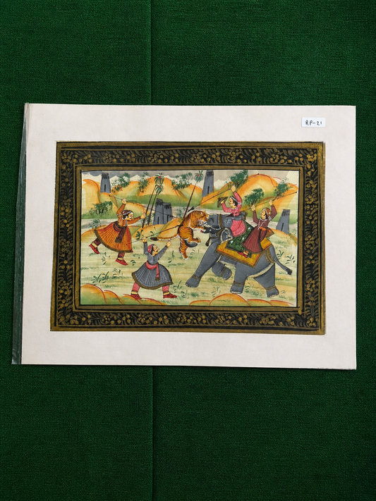 Vintage Indian Miniature Painting – Royal Hunt Scene with Elephant & Tiger (R P. 21 )