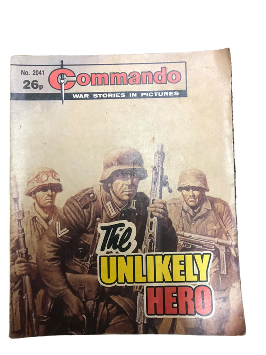 Commando: War Stories in Pictures (No. 2041, priced at 26p), a long-running British war comic digest published by D.C. Thomson, featuring the cover story titled The Unlikely Hero.