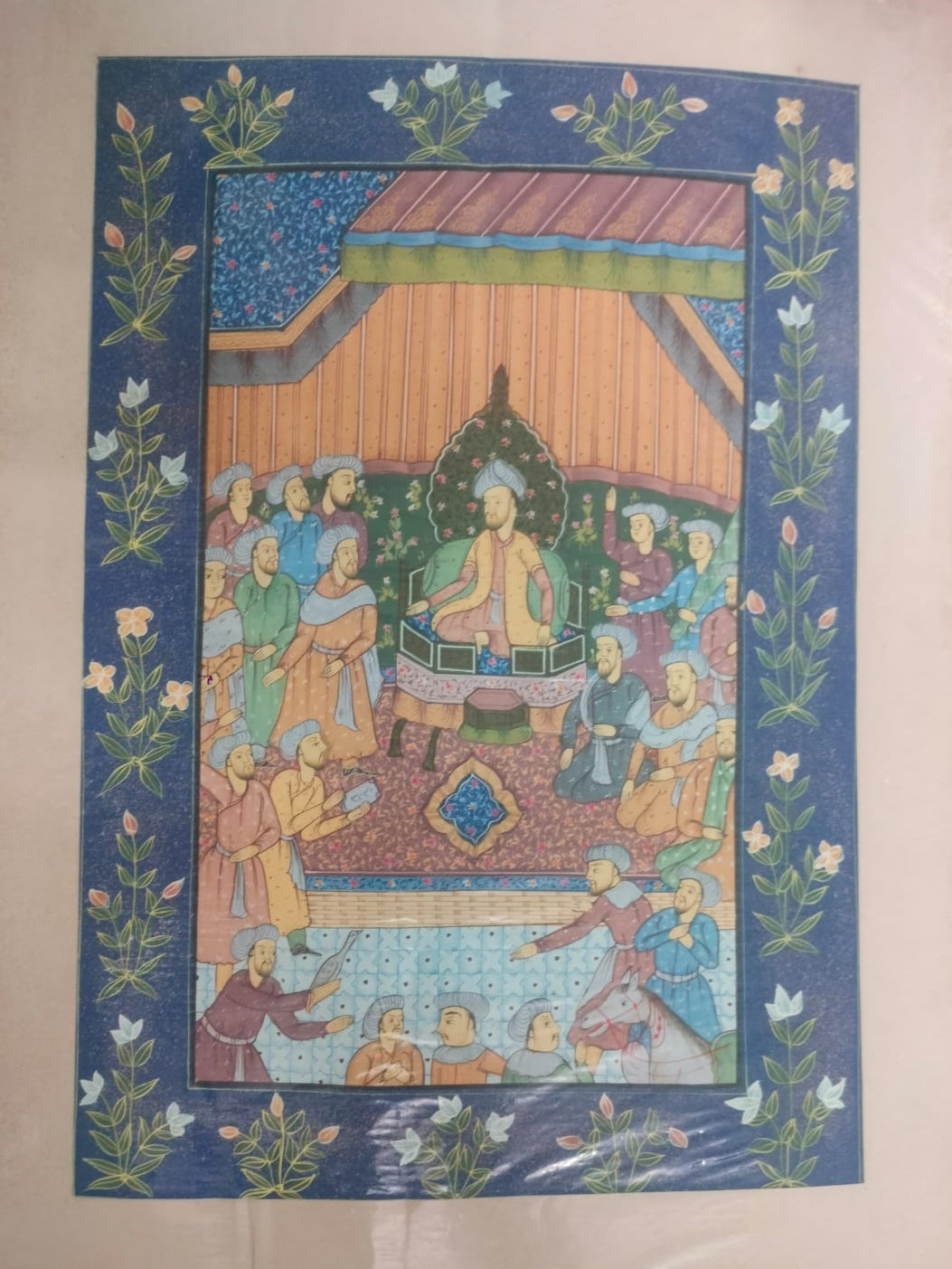 Handmade Persian Vintage Art Of Mughal Court Scene On Silk Cloth | Rare Arts & Painting