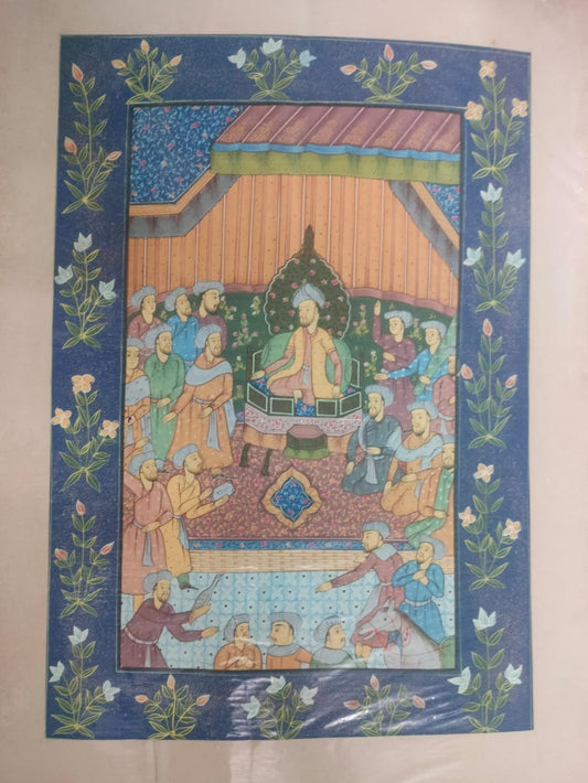 Handmade Persian Vintage Art Of Mughal Court Scene On Silk Cloth | Rare Arts & Painting