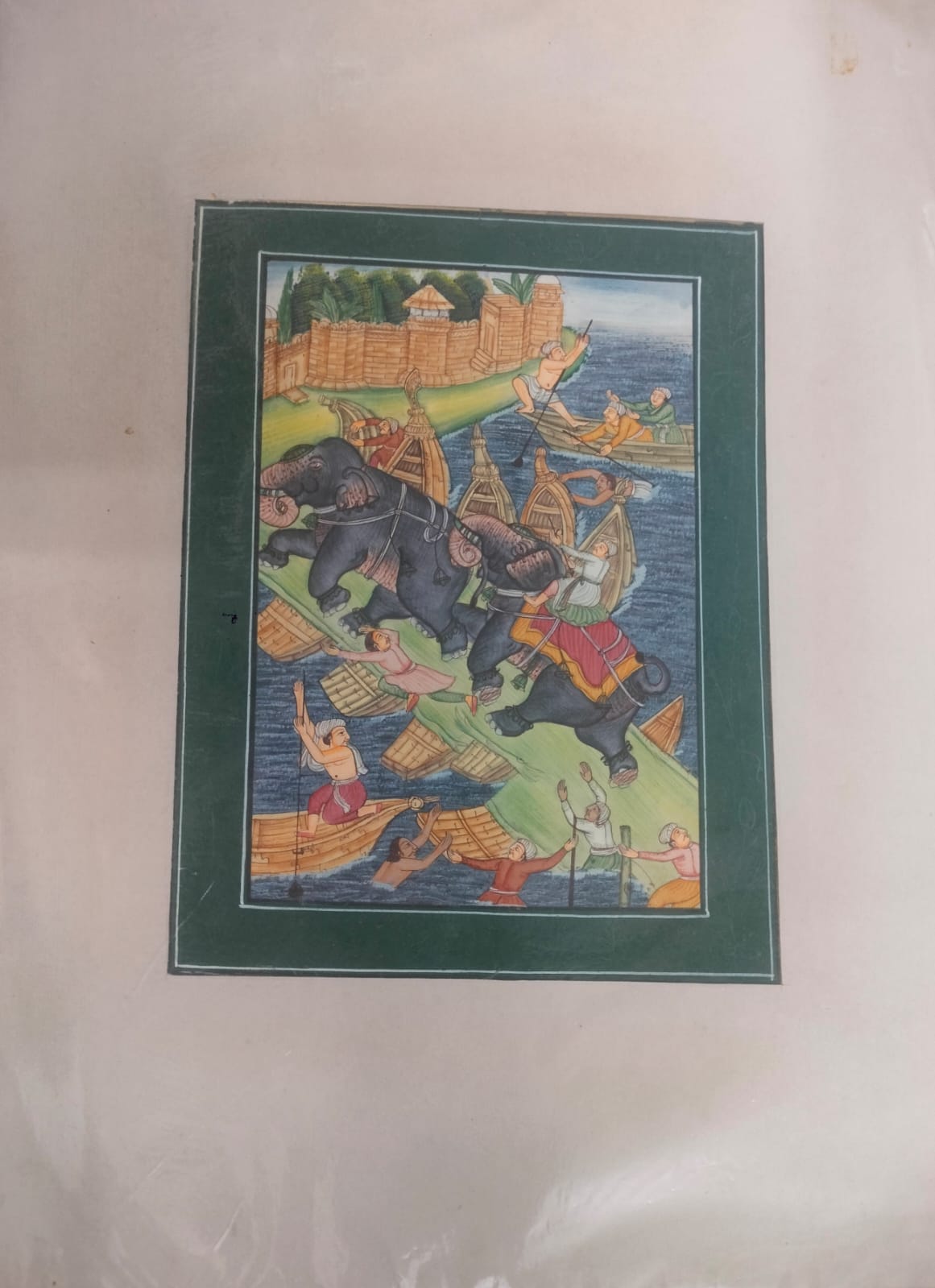 Indian Miniature Silk Painting Of Akbar Taming Mad Elephant Outside the Red fort at Agra | Rare Arts & Painting