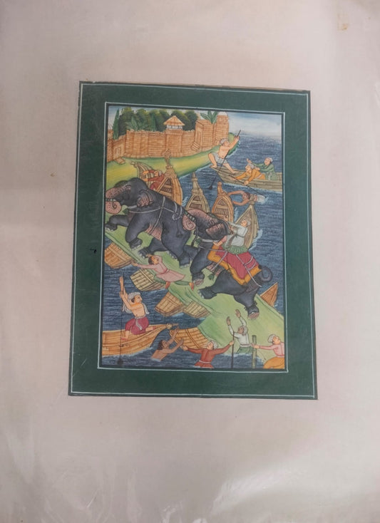 Indian Miniature Silk Painting Of Akbar Taming Mad Elephant Outside the Red fort at Agra | Rare Arts & Painting