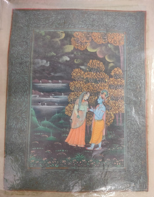 Indian Miniature Silk Painting Of Radha Krishna | Rare Arts & Painting