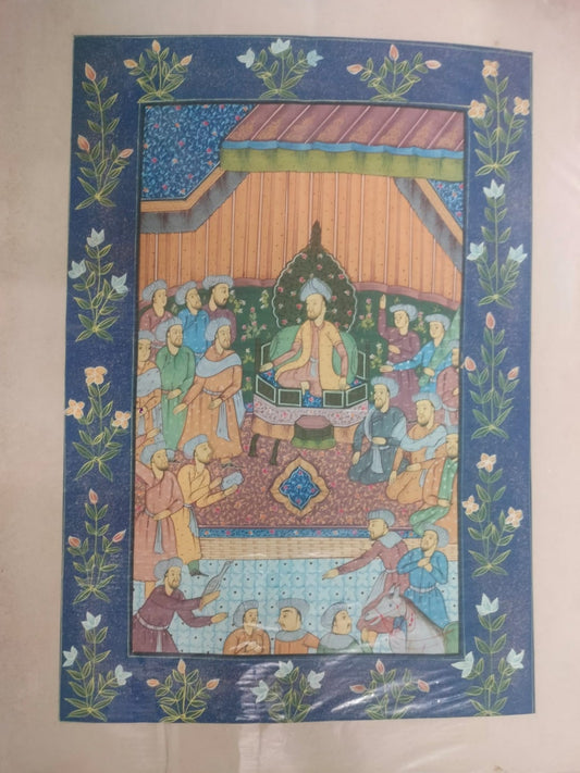 MUGHAL ART | Persian court scene illustrated in handmade miniature style painting on silk fabric| Rare Arts & Painting
