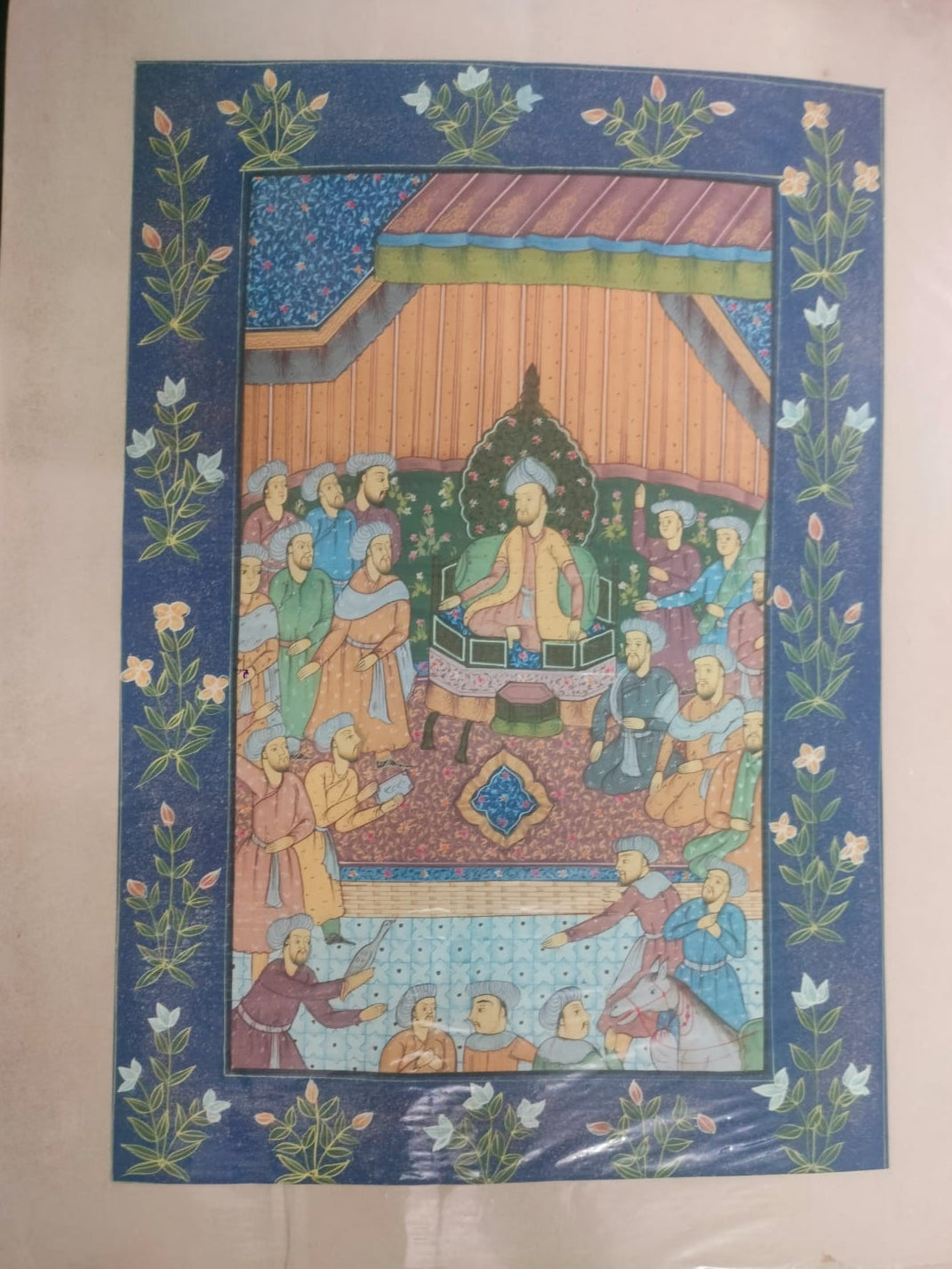 MUGHAL ART | Persian court scene illustrated in handmade miniature style painting on silk fabric| Rare Arts & Painting