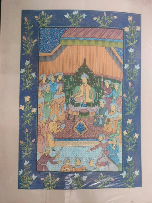 MUGHAL ART | Persian court scene illustrated in handmade miniature style painting on silk fabric| Rare Arts & Painting