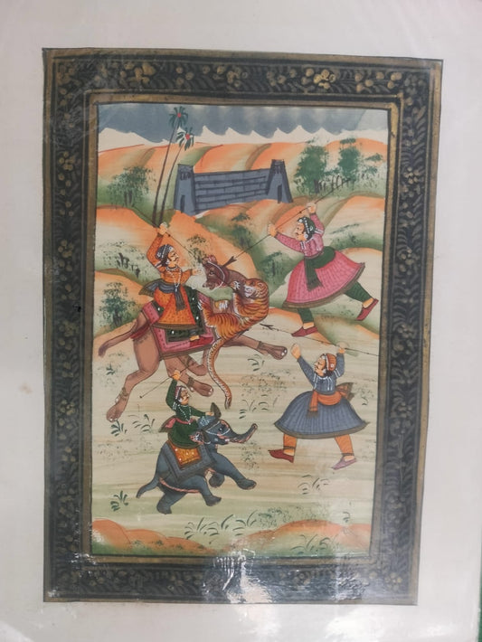 VINTAGE SILK PAINTING TIGER HUNTING SCENE INDIA  | Rare Arts & Painting