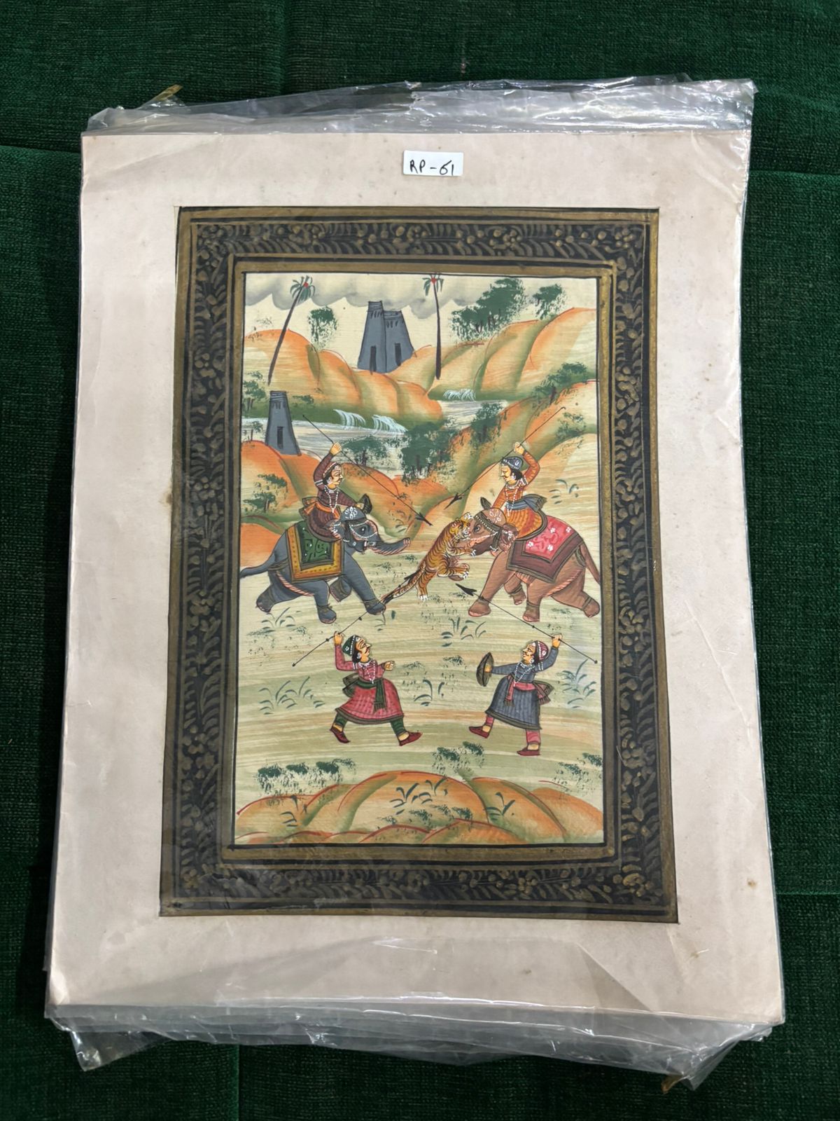 Vintage Indian Miniature Painting – Royal Elephant Tiger Hunt Scene ( R P . 61 )