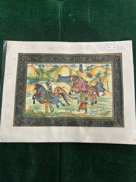 Royal Tiger Hunt Miniature Painting | Mughal Style Hunting Scene Artwork ( R P . 08 )